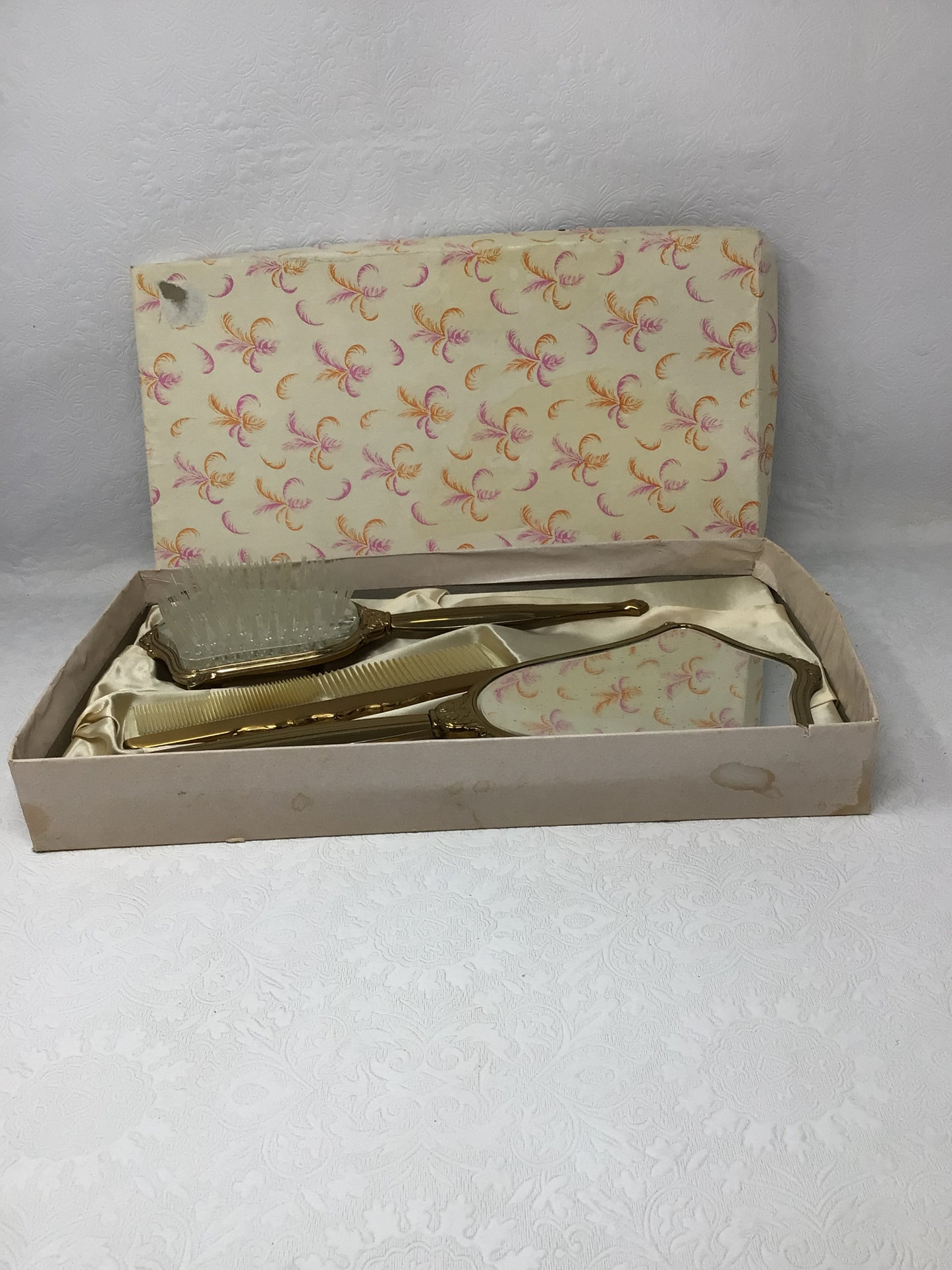 Vintage Gemlite Floral Mirror, Comb and Brush Set