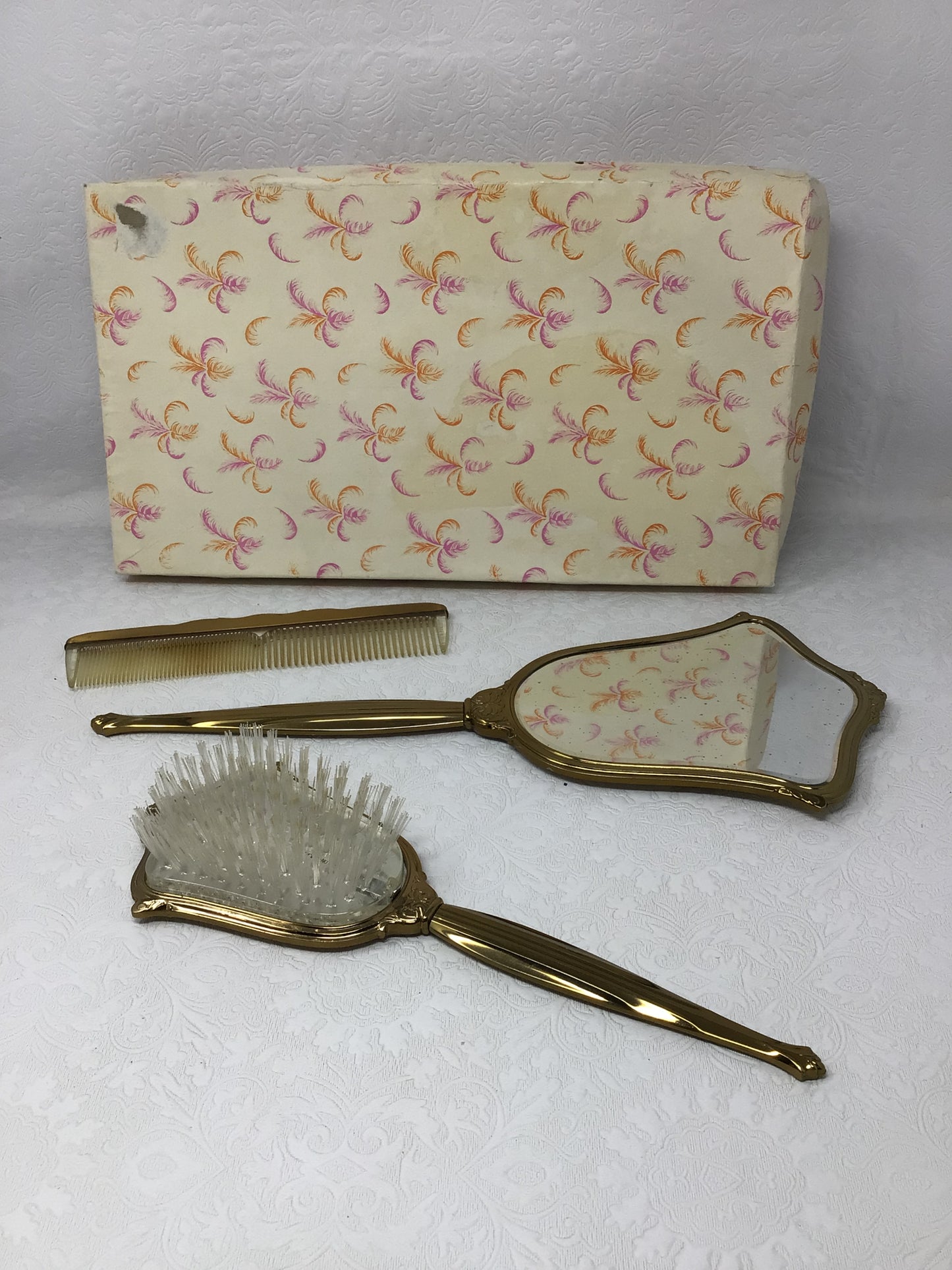 Vintage Gemlite Floral Mirror, Comb and Brush Set