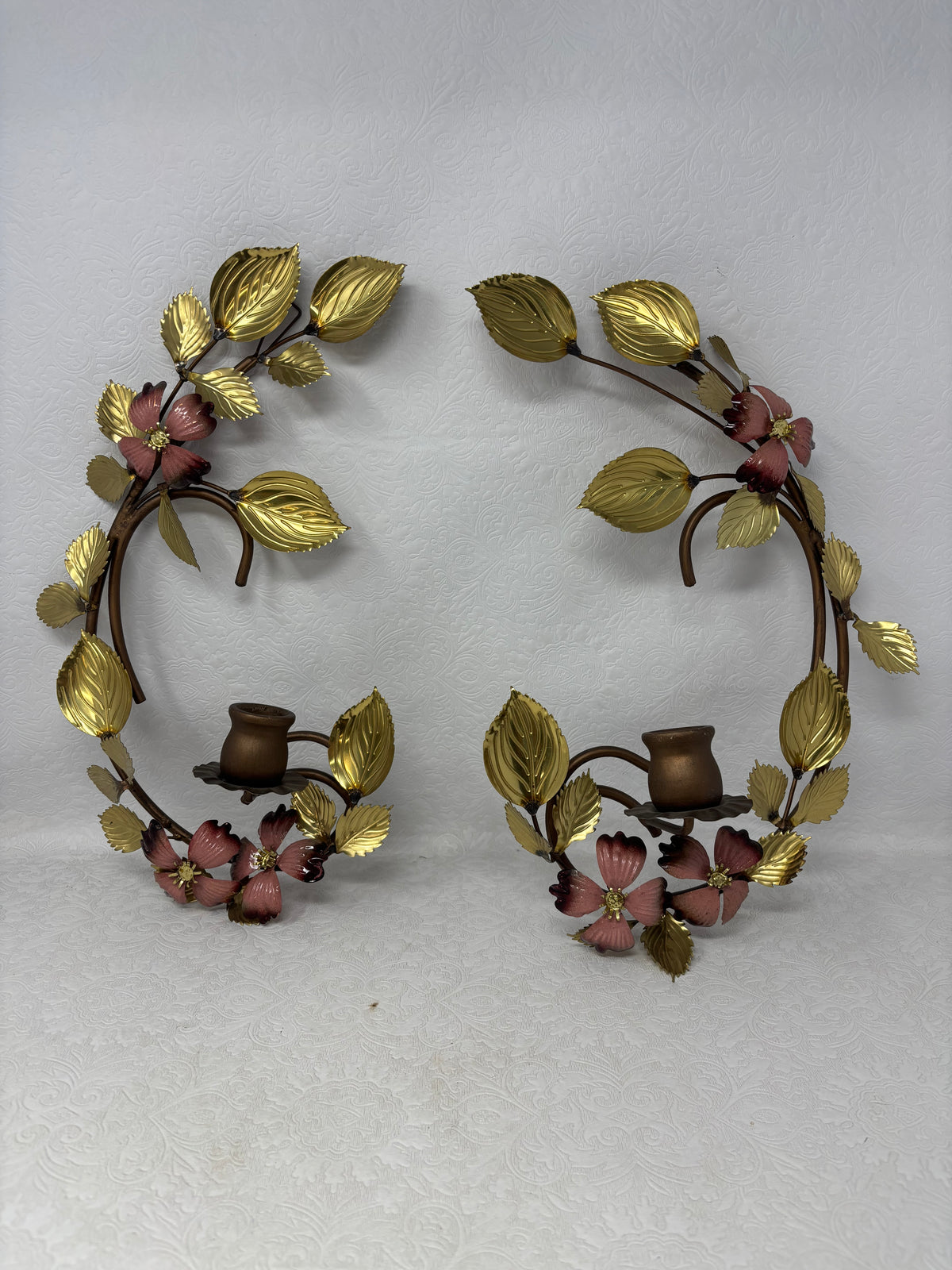 Set of 2 Floral & Gold Leaf Wall Sconces