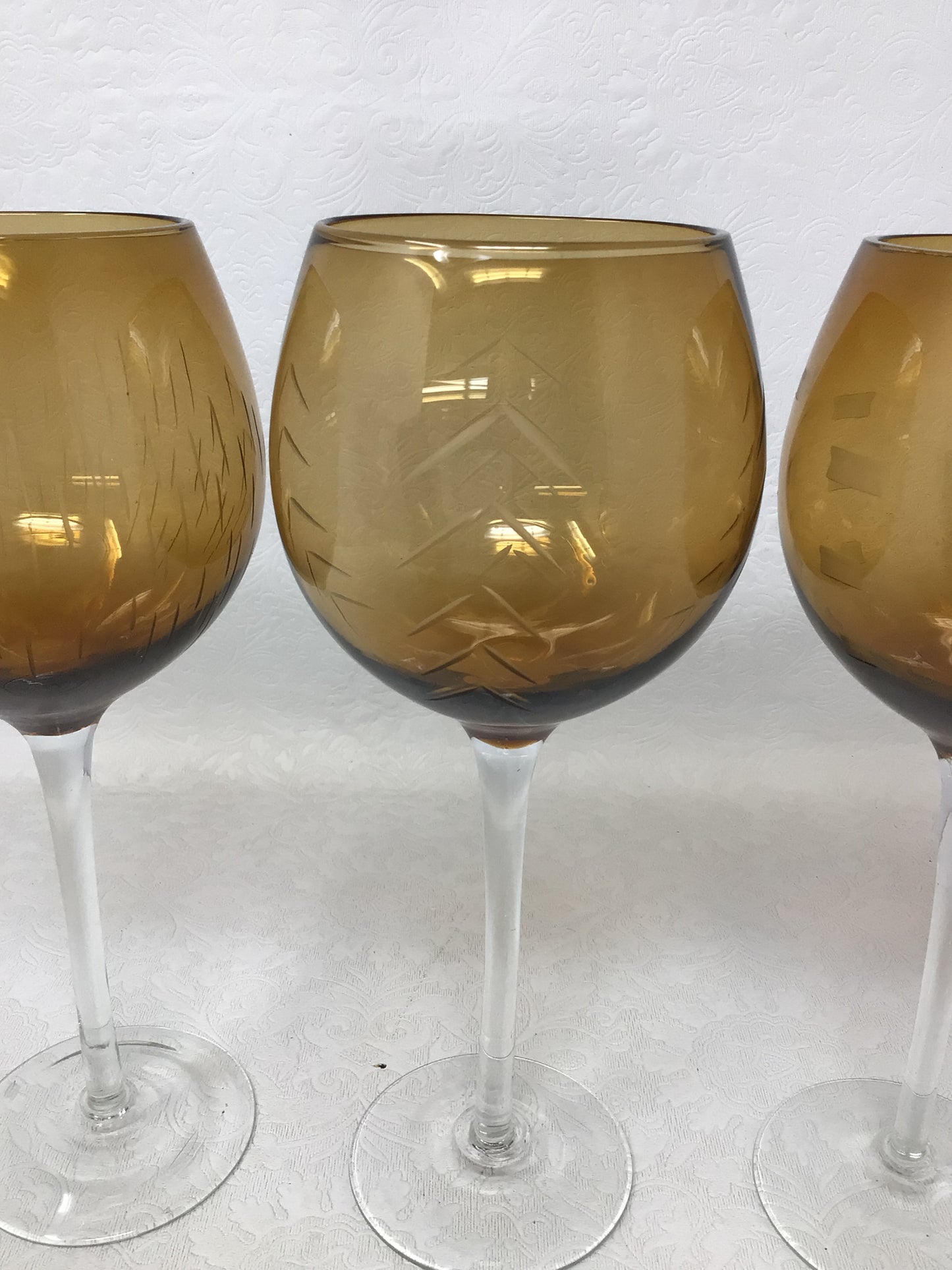 Set of 3 Etched Amber Wine Glasses