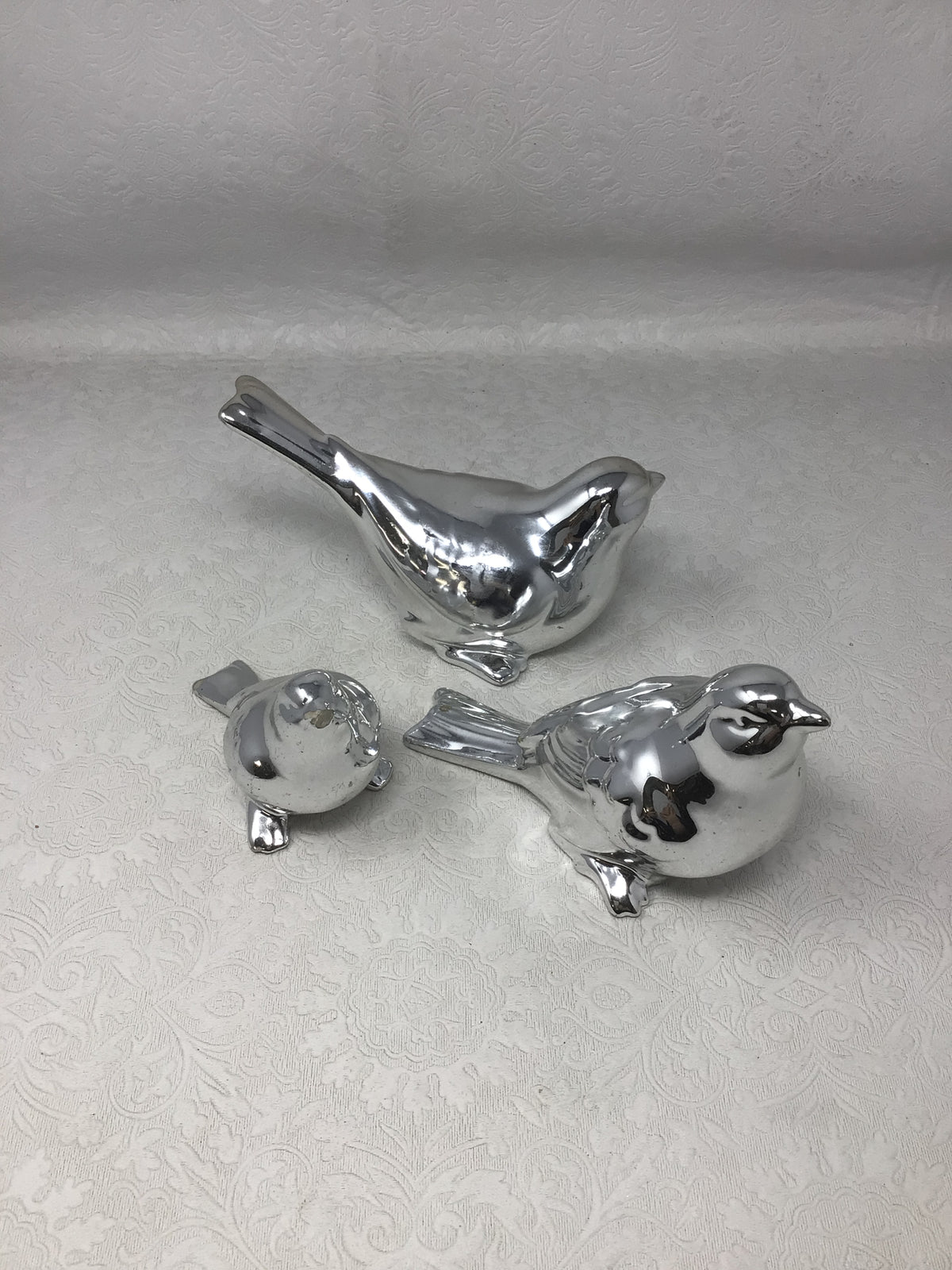 Glossy Silver Ceramic Bird Figurines