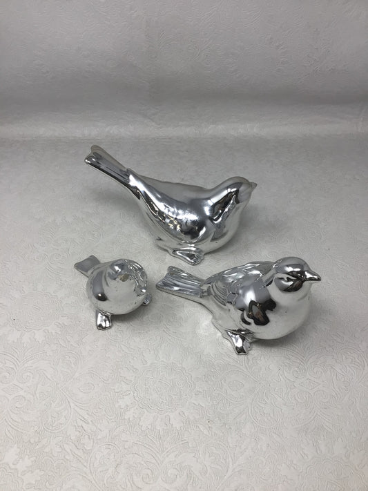 Glossy Silver Ceramic Bird Figurines