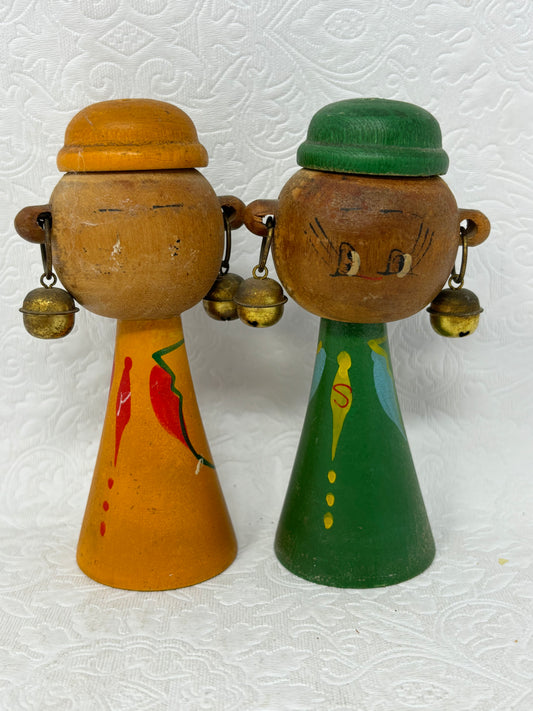 Vintage Wooden Salt & Pepper Shakers with Bell Earrings