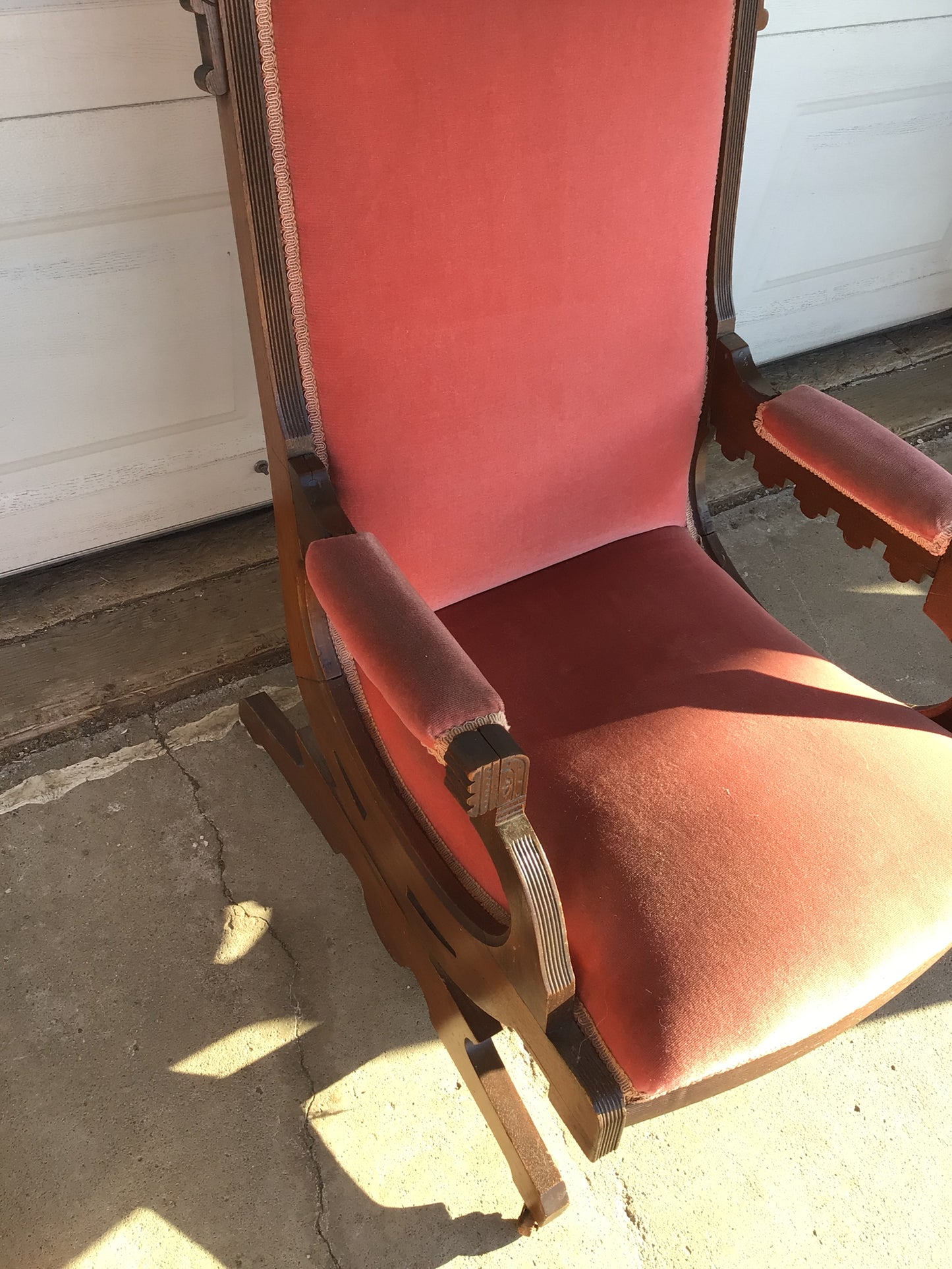 Antique Walnut and Pink Velvet Upholstery Rocking Chair