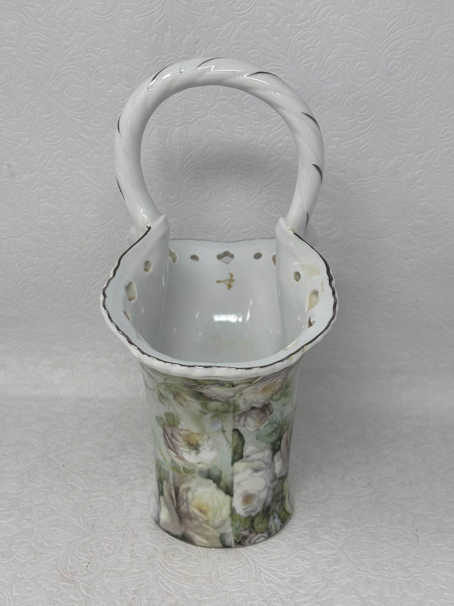 Formalities By Baum Bros White Rose Chintz Porcelain Handled Vase
