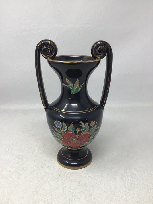 Vintage Black Ceramic Double-Handled Urn Vase