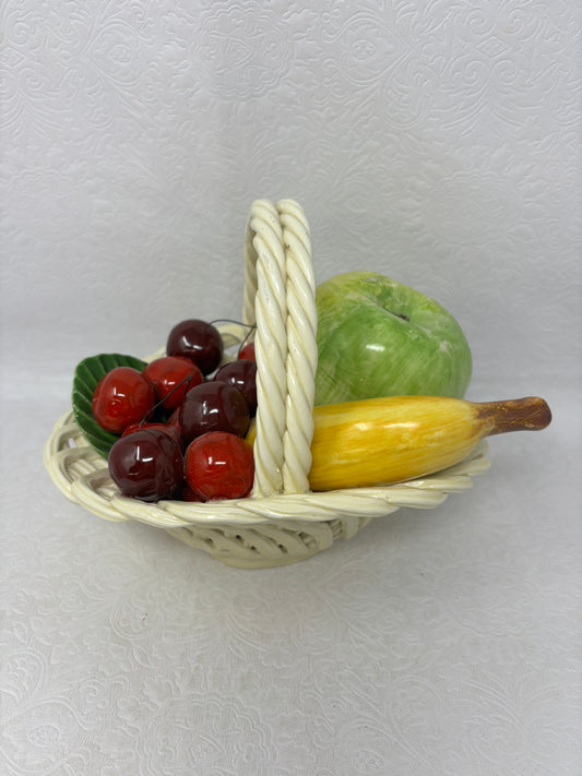 Vintage Bassano Italy Ceramic Fruit In Woven Basket