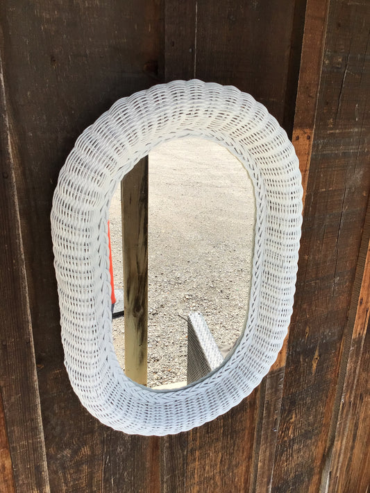 Vintage White Wicker Oval Mirror