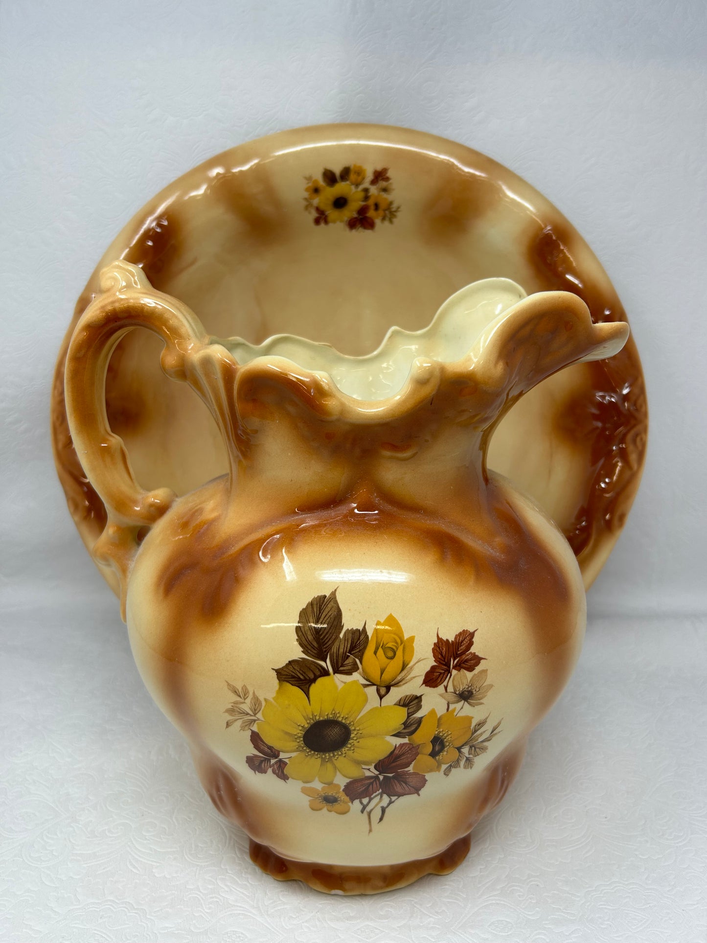 Vintage Yellow Flower Pitcher and Basin Set