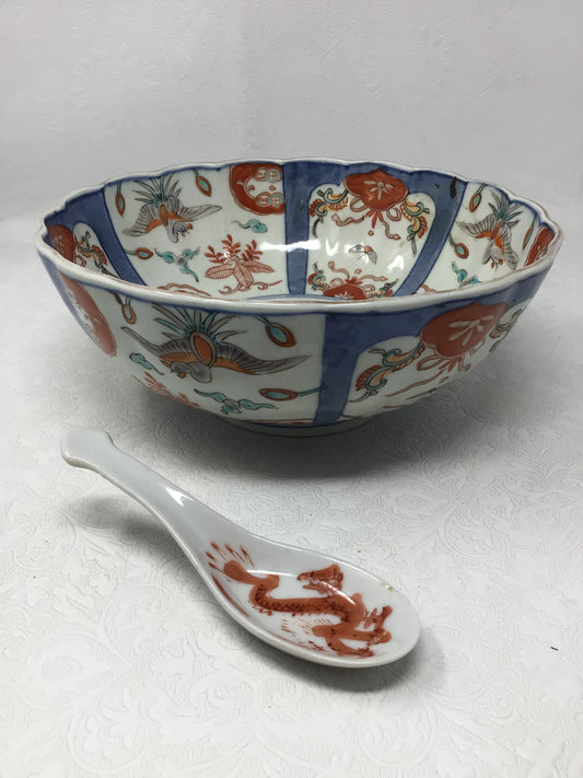 Vintage Imari-Style Porcelain Bowl with Spoon