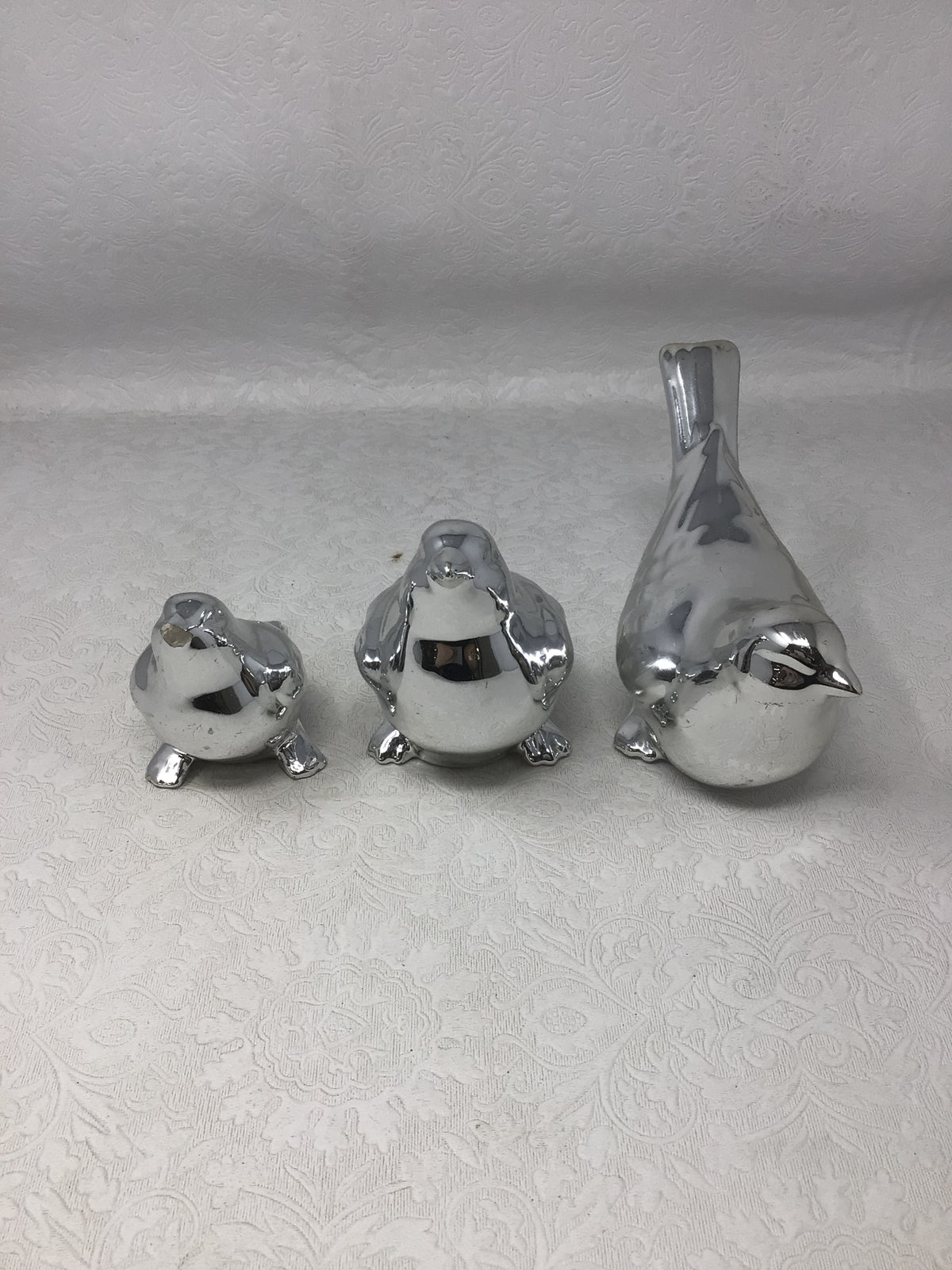 Glossy Silver Ceramic Bird Figurines