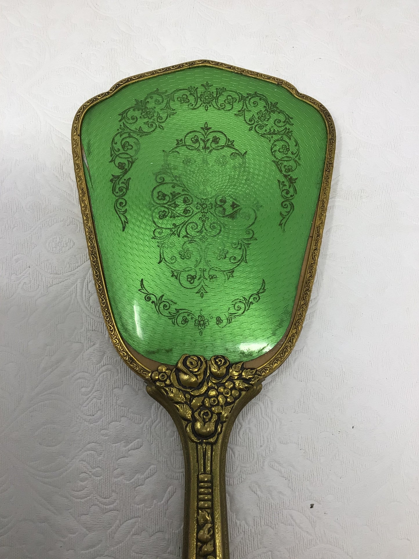 Green and Gold Hand Mirror and Brush