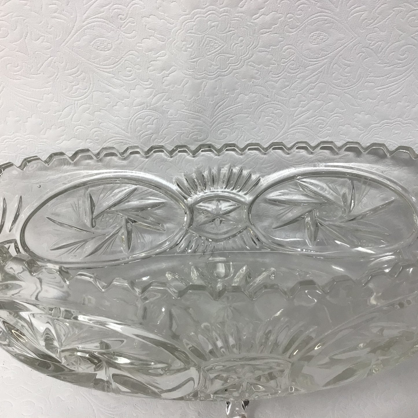 Vintage Saw Edged Oval Cut Glass Bowl