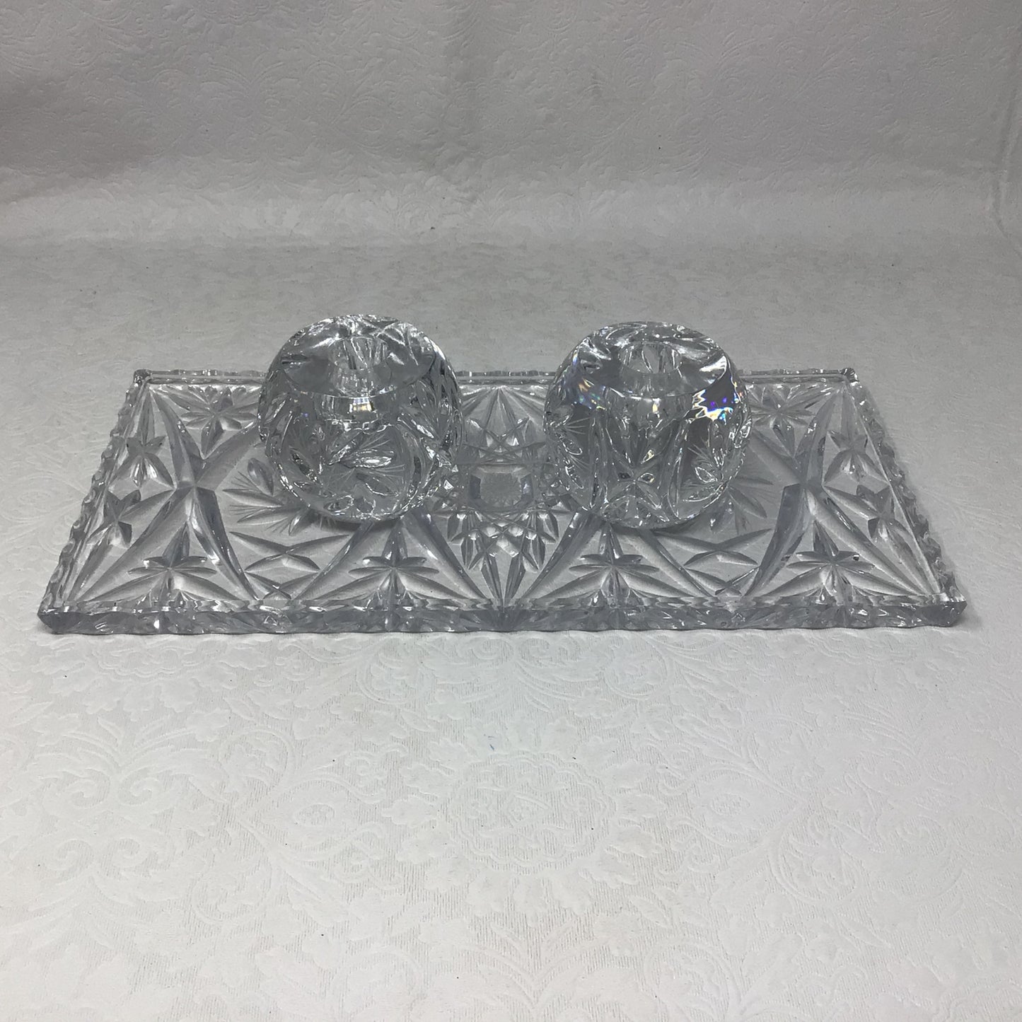 Set of 2 Crystal Candle Holders and Tray