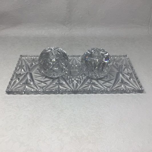 Set of 2 Crystal Candle Holders and Tray