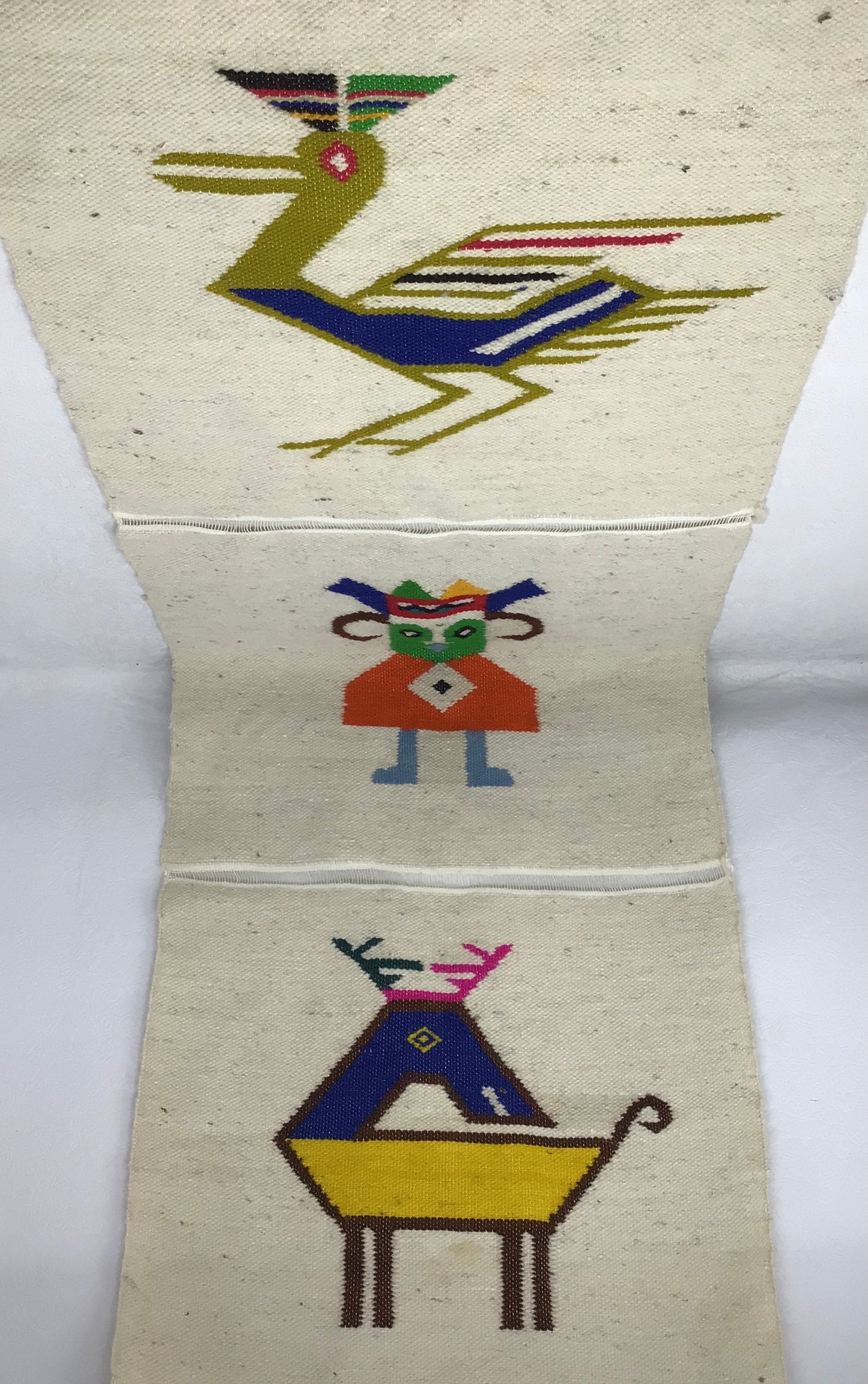Vintage South American Hand-Woven Wool Tapestry Featuring Figural Designs.
