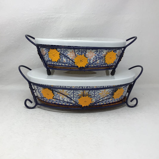 Temp-tations By Tara Ceramic Old World Blue Casserole Dishes And Metal Rattan Serving Basket