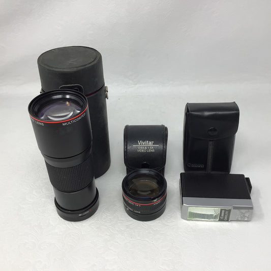 Two Telephoto Video Lenses and Canon Flash