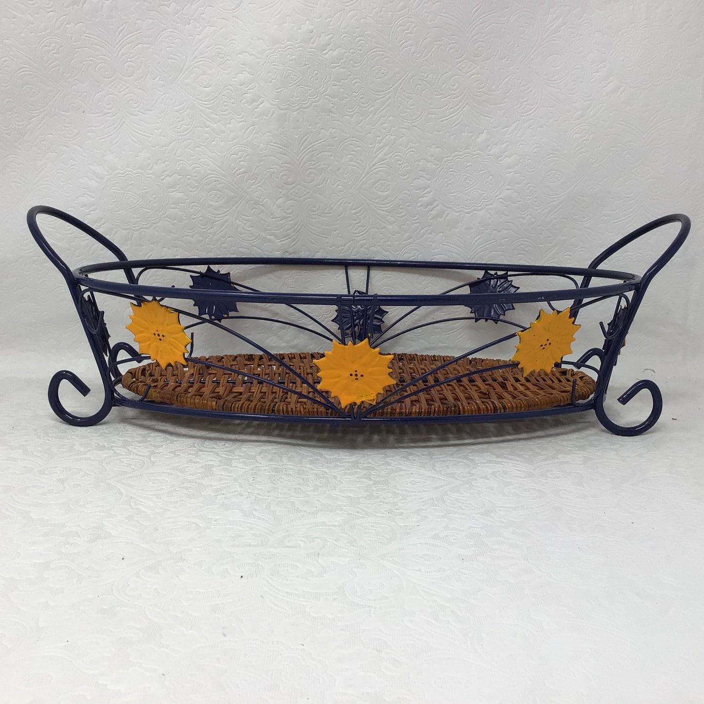 Temp-tations By Tara Ceramic Old World Blue Casserole Dishes And Metal Rattan Serving Basket