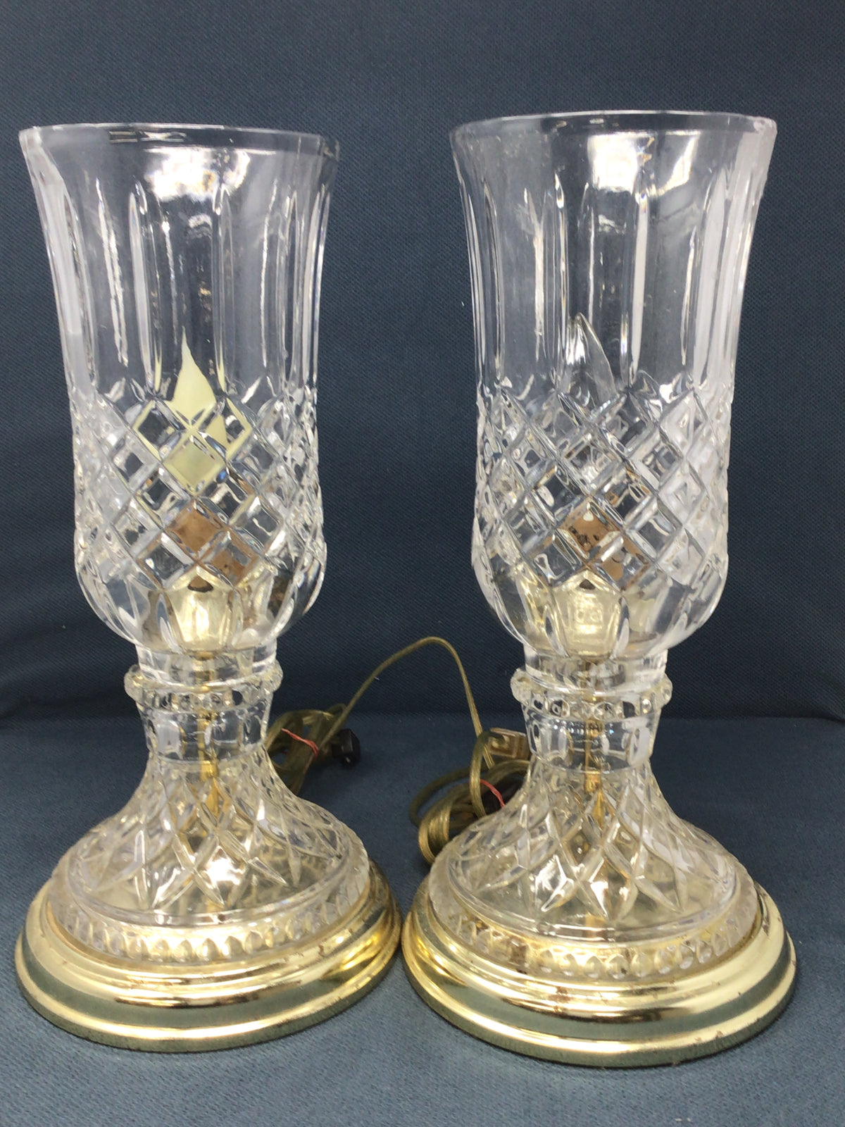 Pair of Cut Crystal & Brass Hurricane Lamps