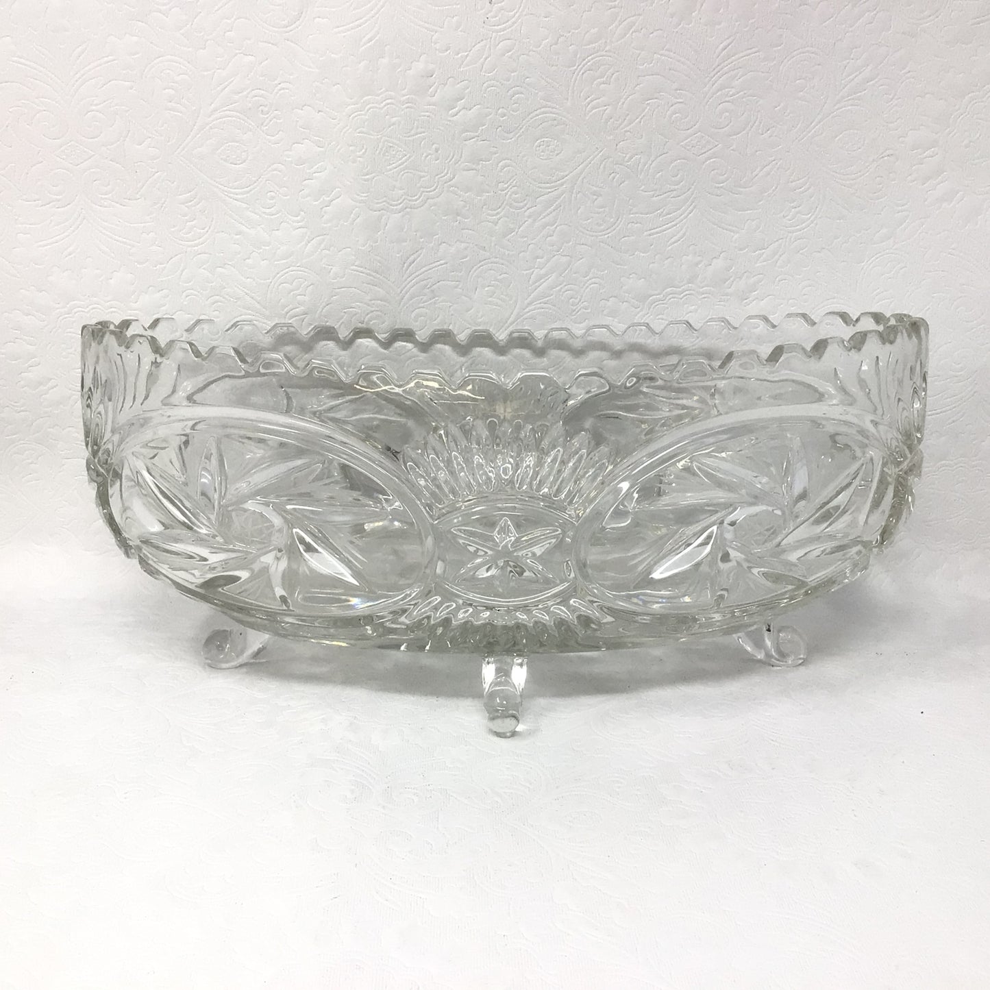 Vintage Saw Edged Oval Cut Glass Bowl