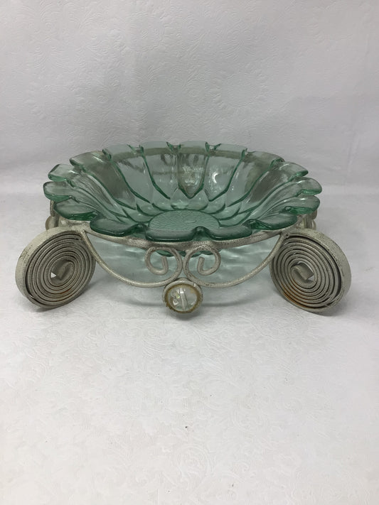 Vintage Green Glass Bowl on Metal Stand