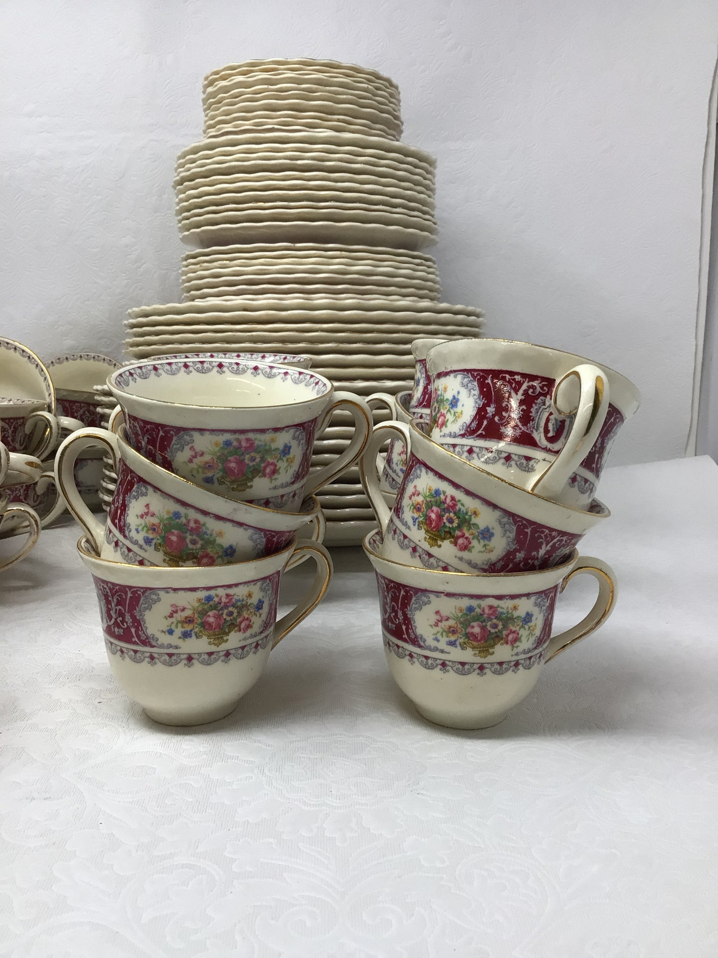 Vintage Myott Staffordshire England “Canterbury Red Border” Pattern Set