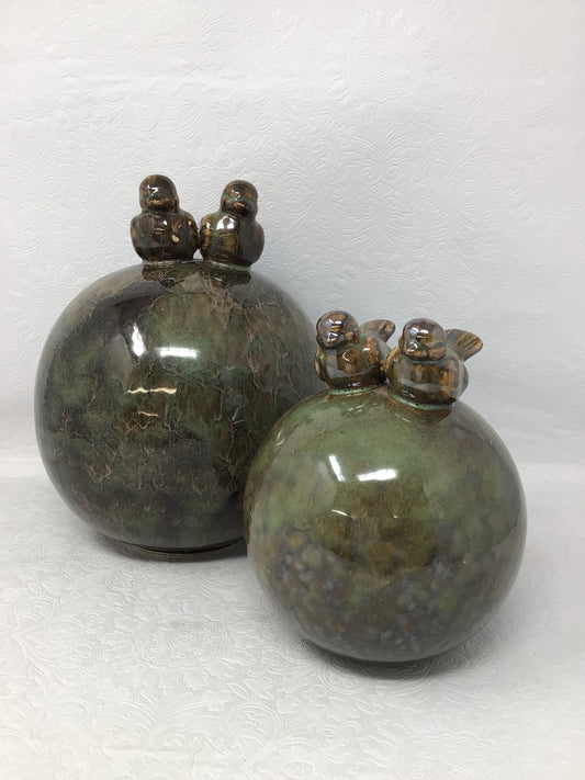 Pair of Glazed Ceramic Orbs with Birds