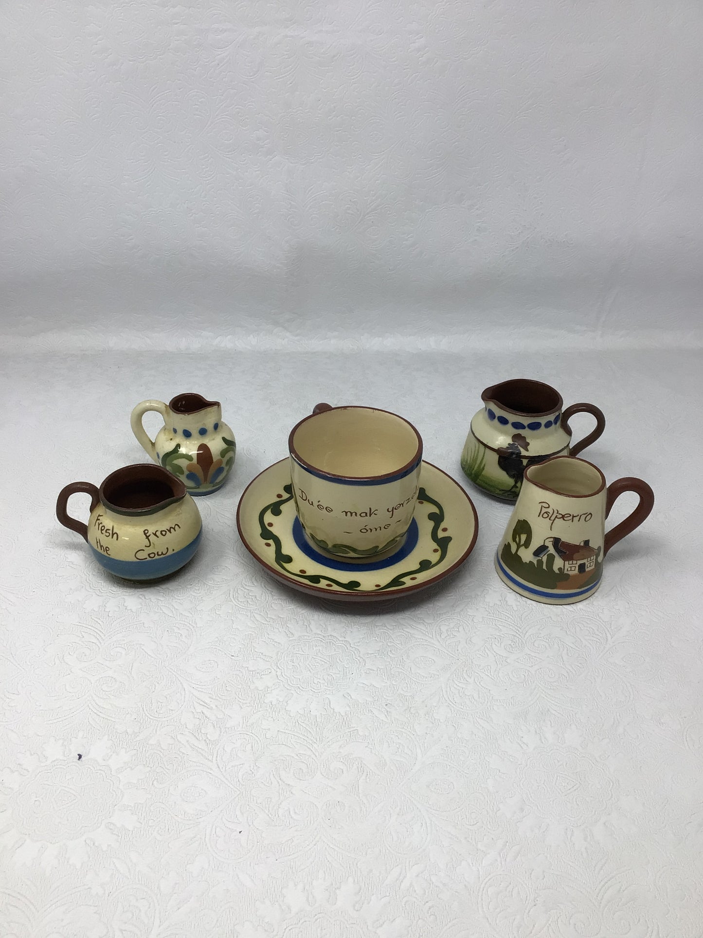 Torquay Motto Ware Teacup and Mini Pitchers