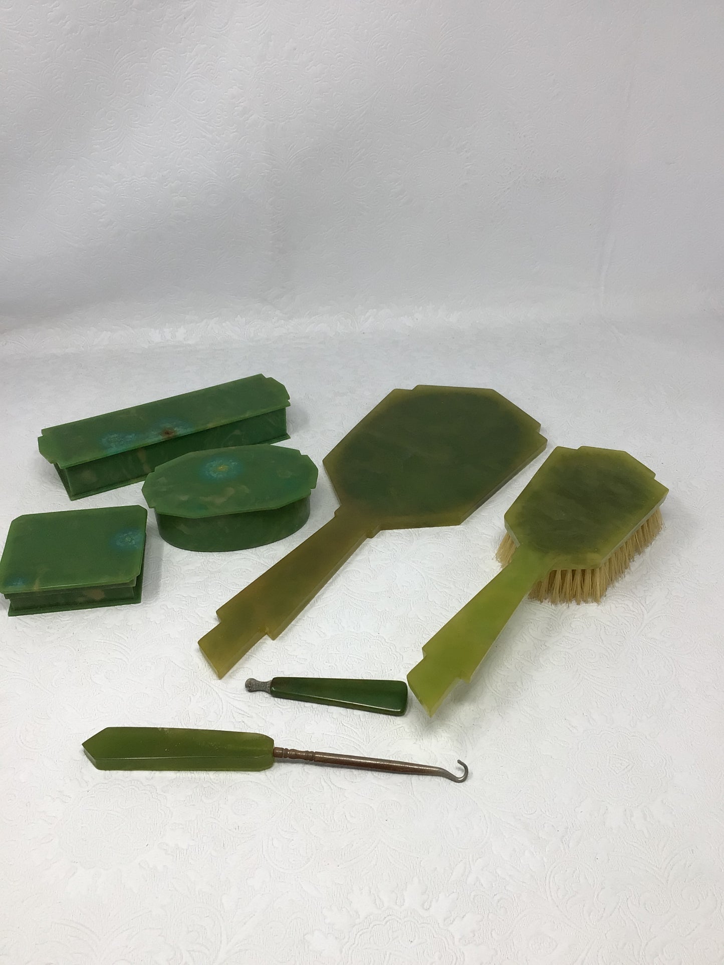 Art Deco Green Bakelite Vanity Set of 7