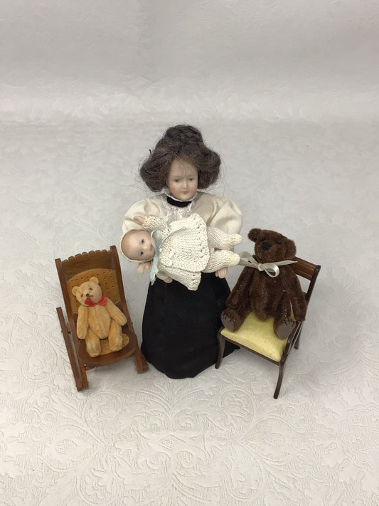 Vintage Miniature Porcelain Doll with Baby and Teddy Bears