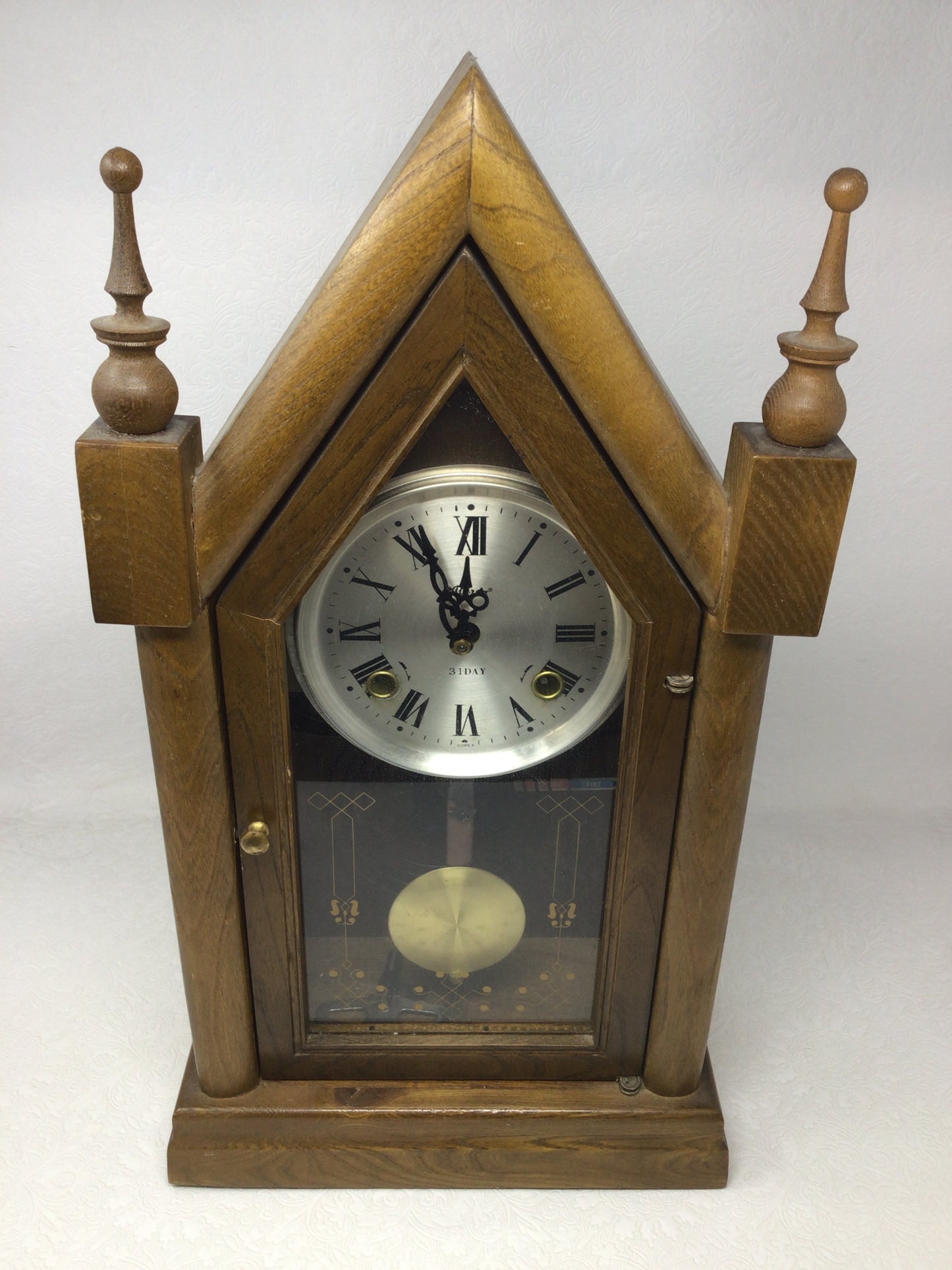 Vintage Alaron 31-day Korean-Made Wooden Steeple Mantle Clock