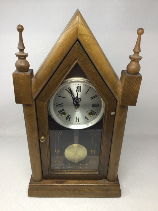 Vintage Alaron 31-day Korean-Made Wooden Steeple Mantle Clock