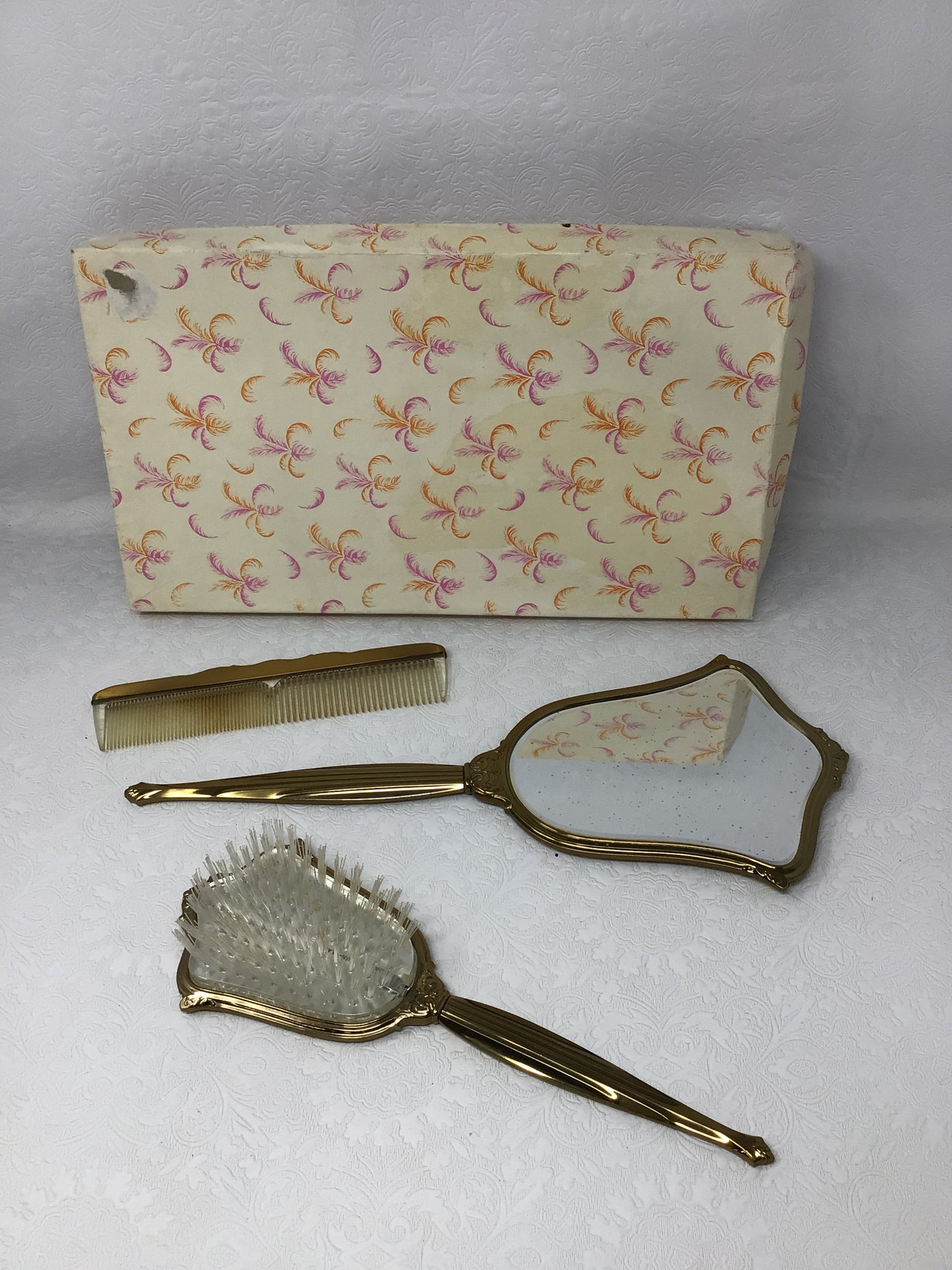 Vintage Gemlite Floral Mirror, Comb and Brush Set