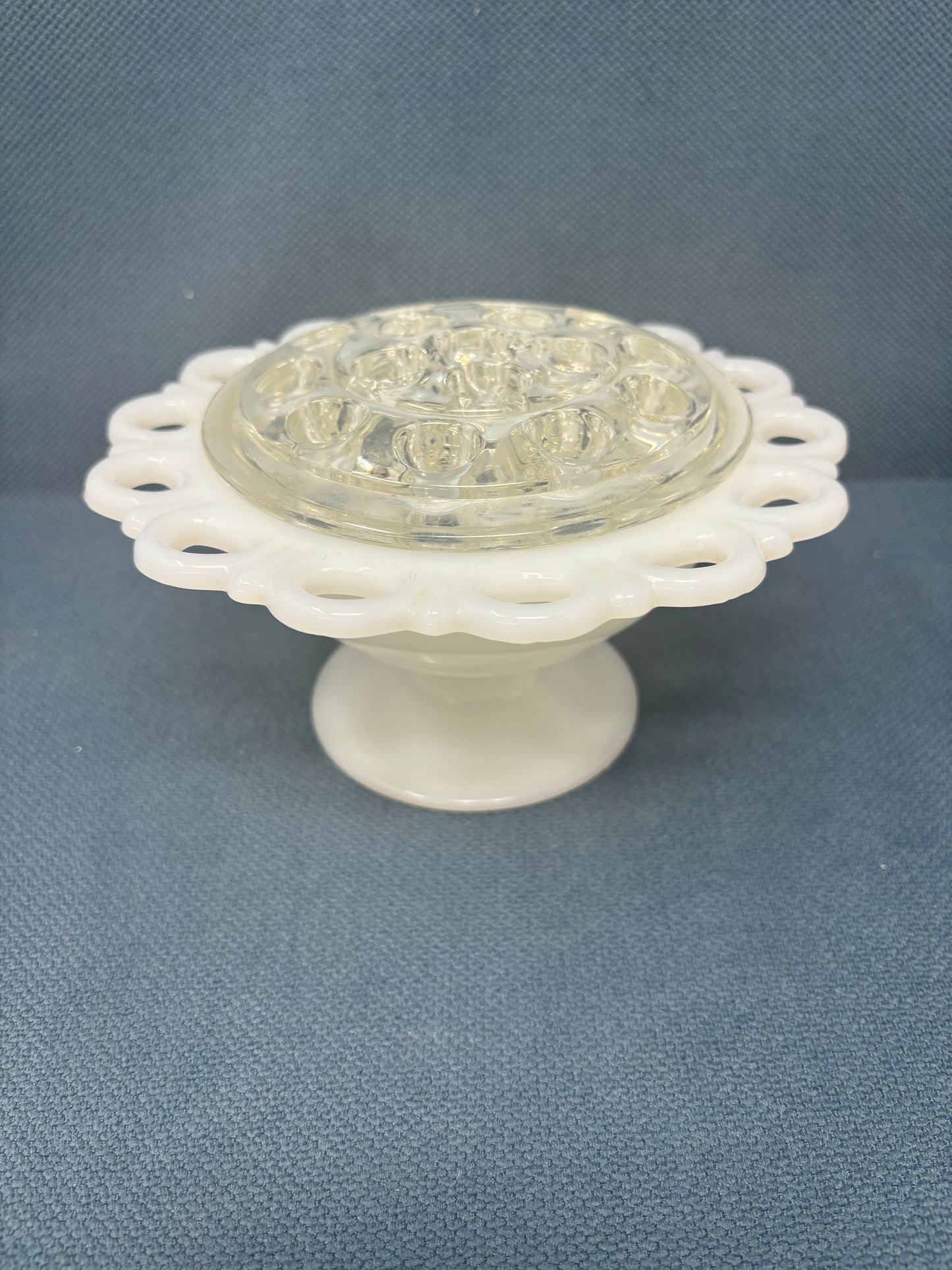 Vintage Anchor Hocking Open Lace Edge Milk Glass Compote