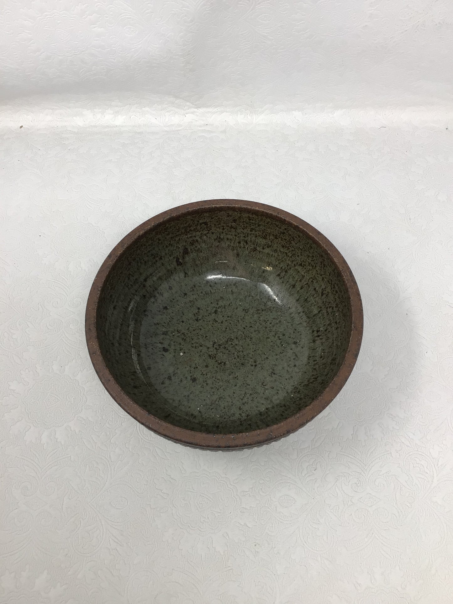 Brown and Olive Green Speckled Pottery Bowl
