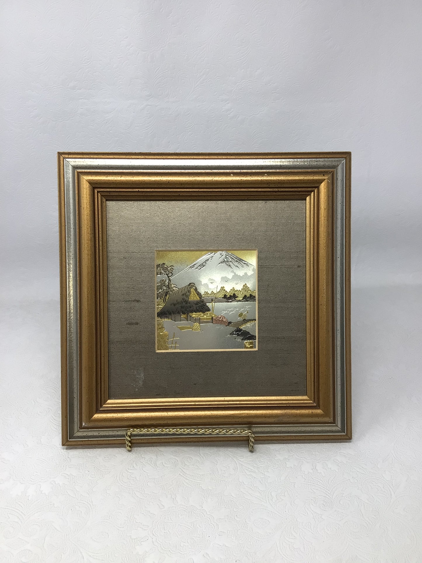 Vintage Framed Japanese Chokin Art Piece Featuring Mount Fuji