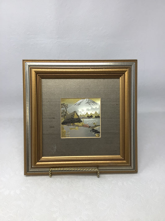 Vintage Framed Japanese Chokin Art Piece Featuring Mount Fuji