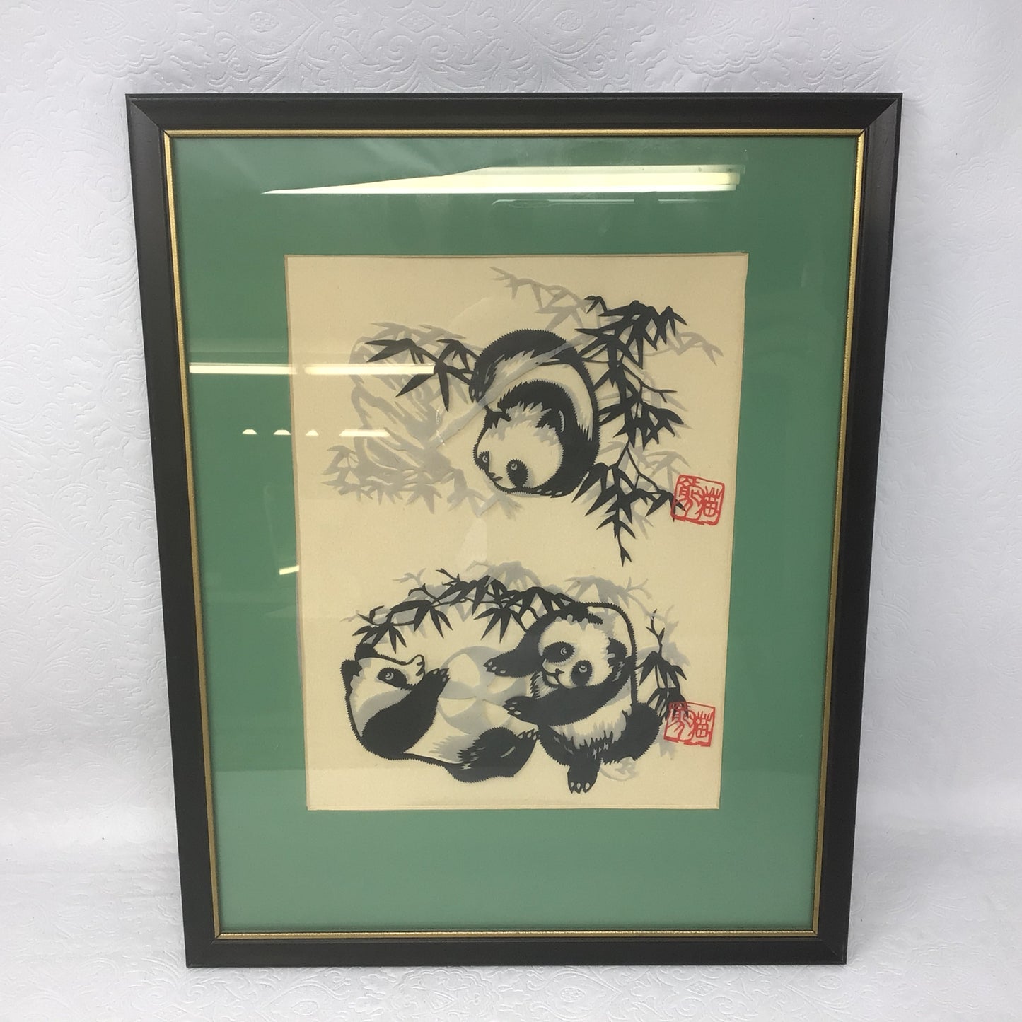 Set of Vintage Silk Embroidered Panda Artwork