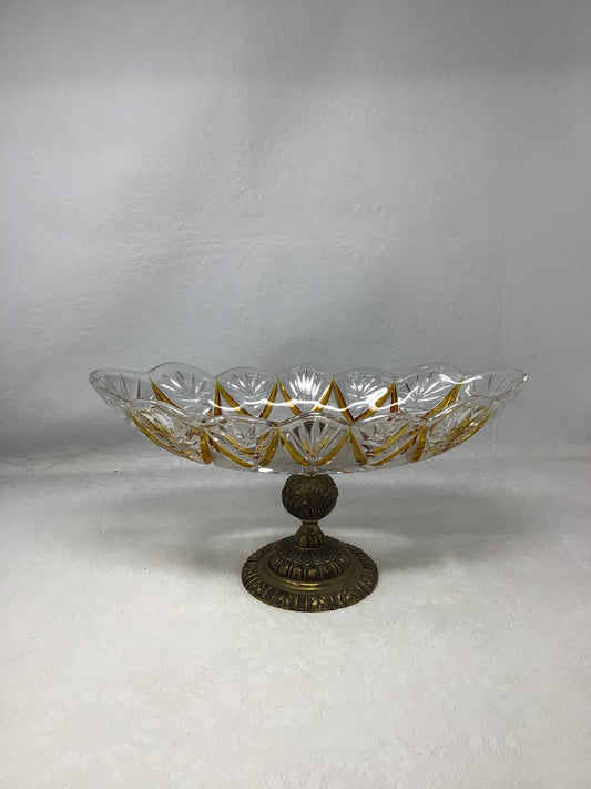Vintage Ornate Brass Footed Pedestal Pinwheel Crystal Glass Bowl