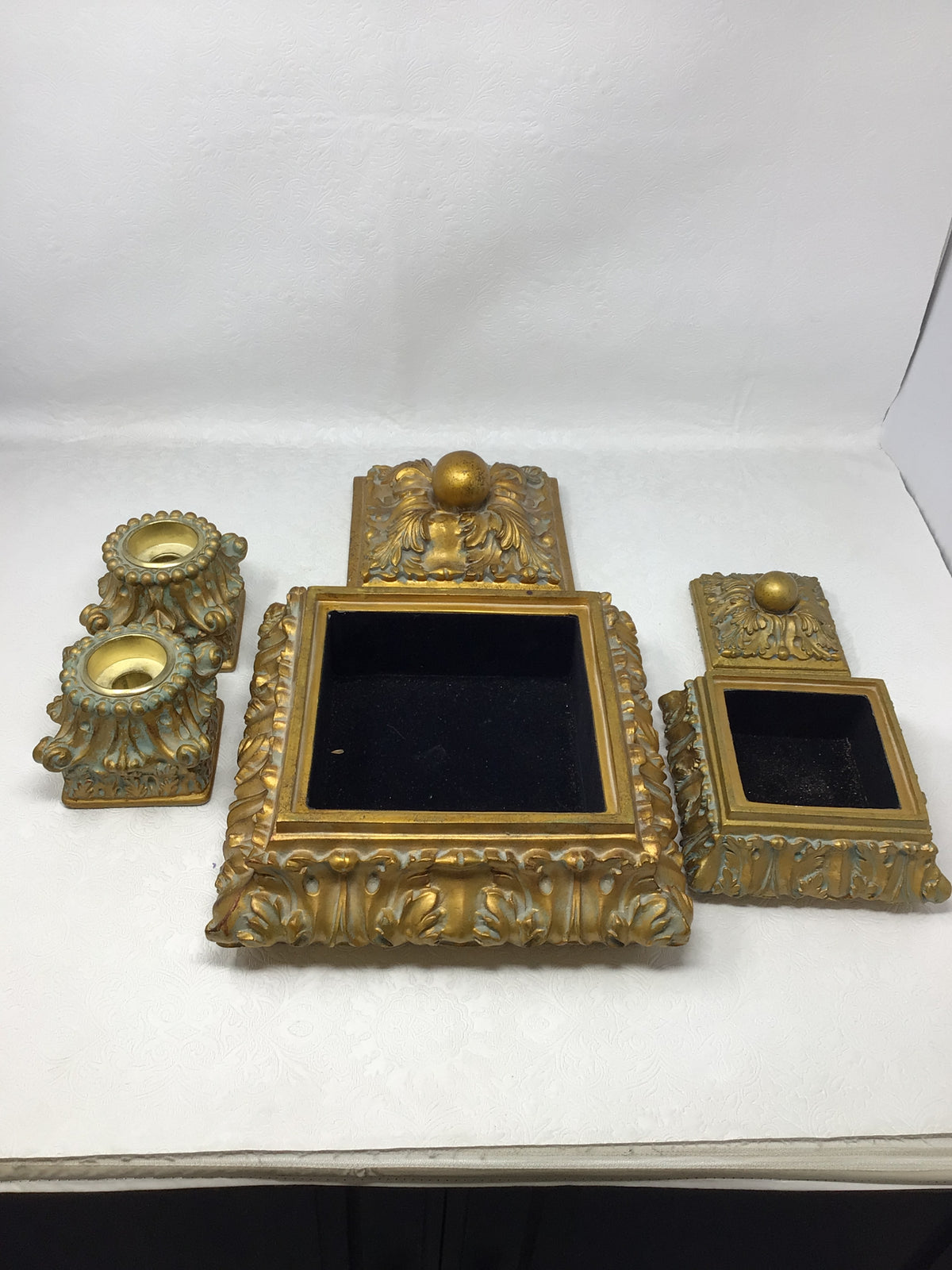 Ornate Gold-Painted and Distressed Decorative Candles and Trinket Boxes