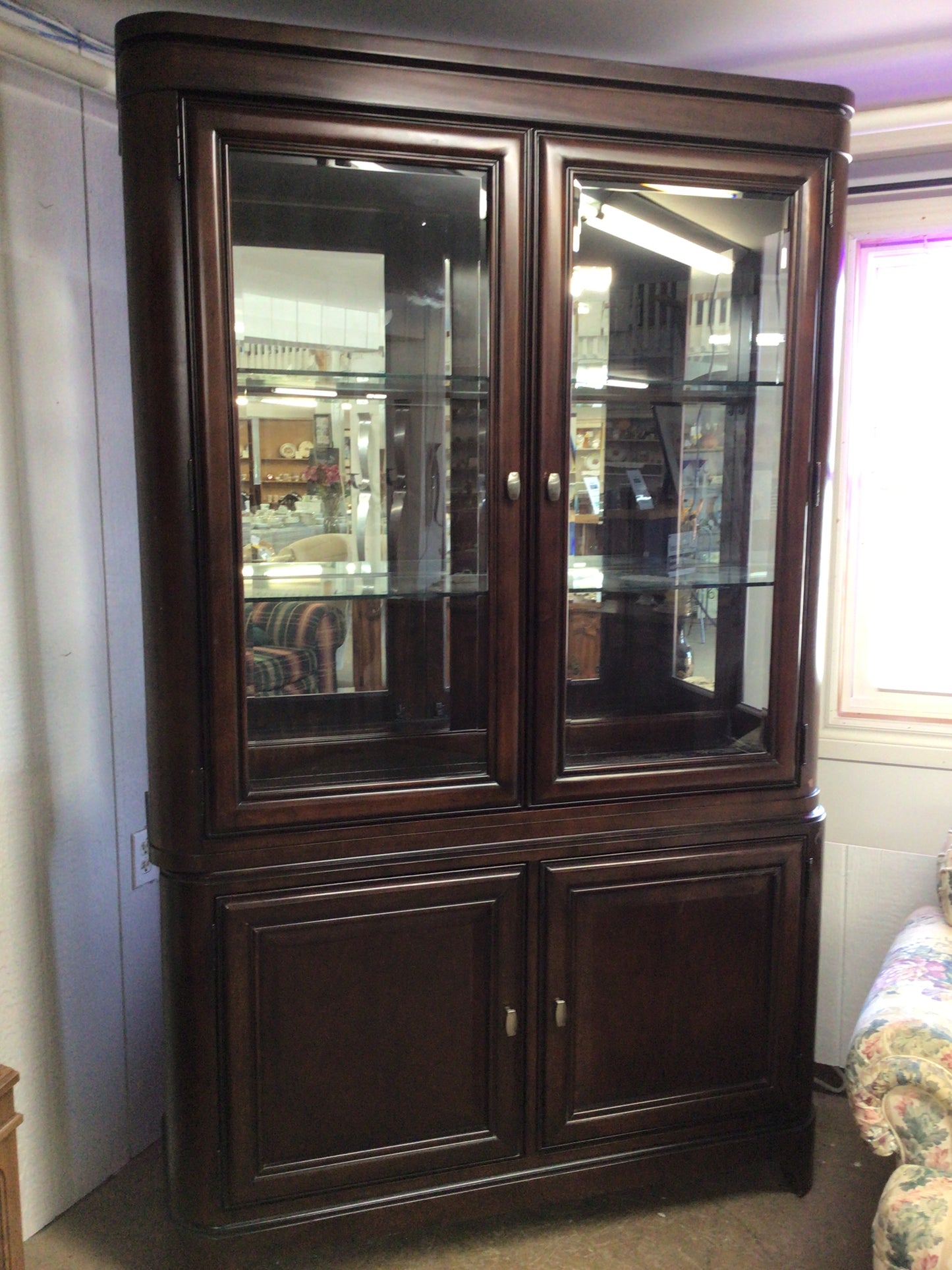 Two Piece Dark Wood China Cabinet