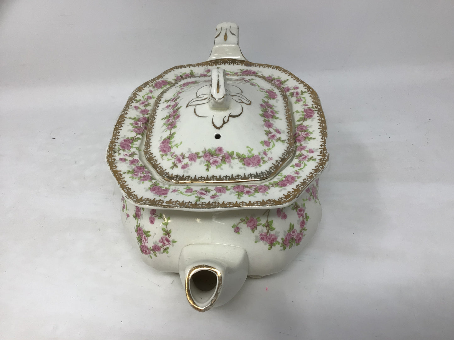 Vintage Alfred Meakin Pink and Gold Floral Square Teapot