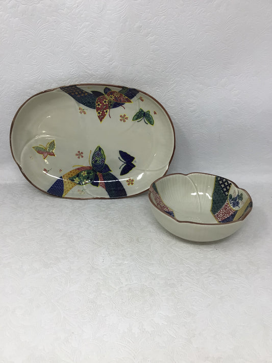 Japanese Porcelain Butterfly Dish & Bowl Set