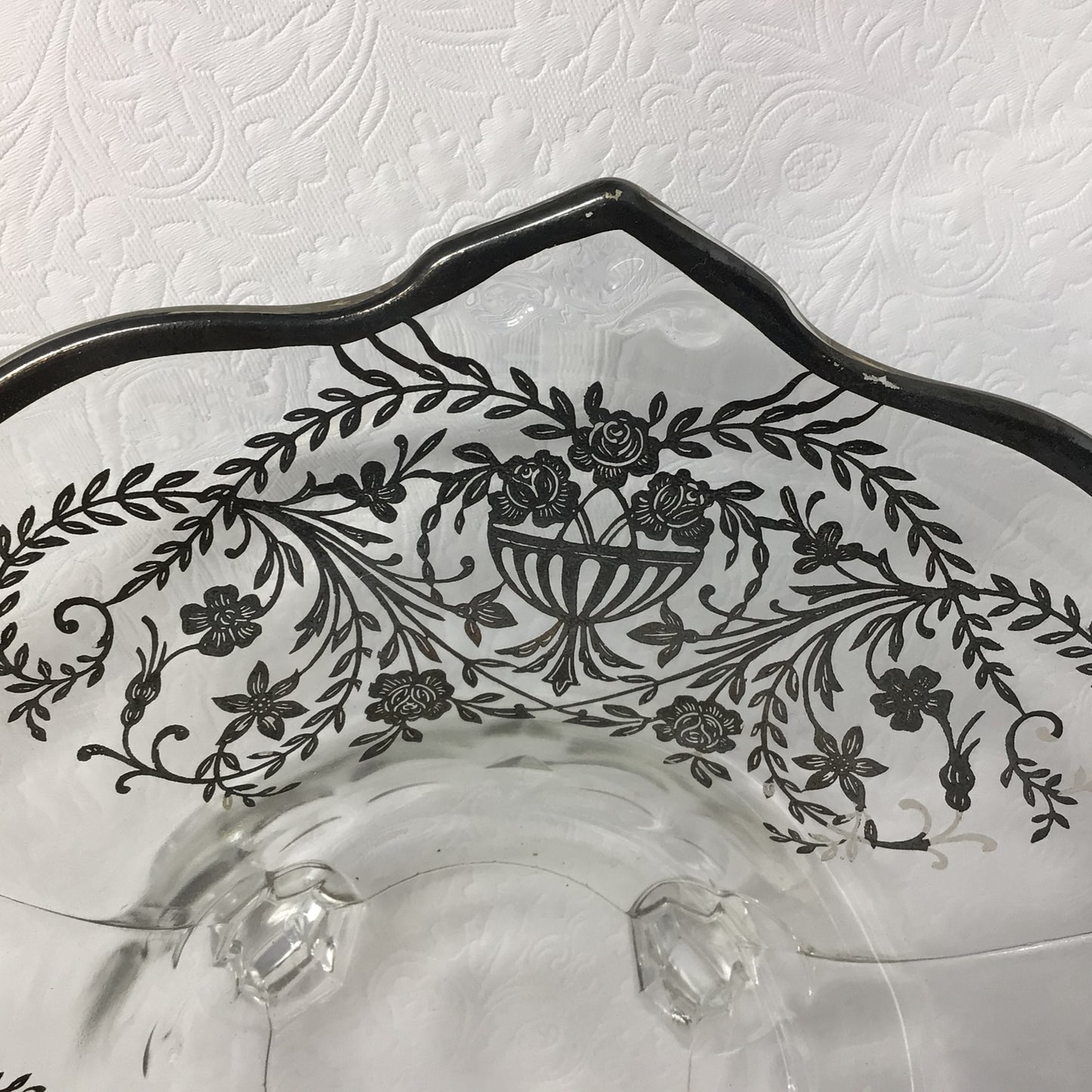 Antique Silver Overlay Glass Footed Bowl