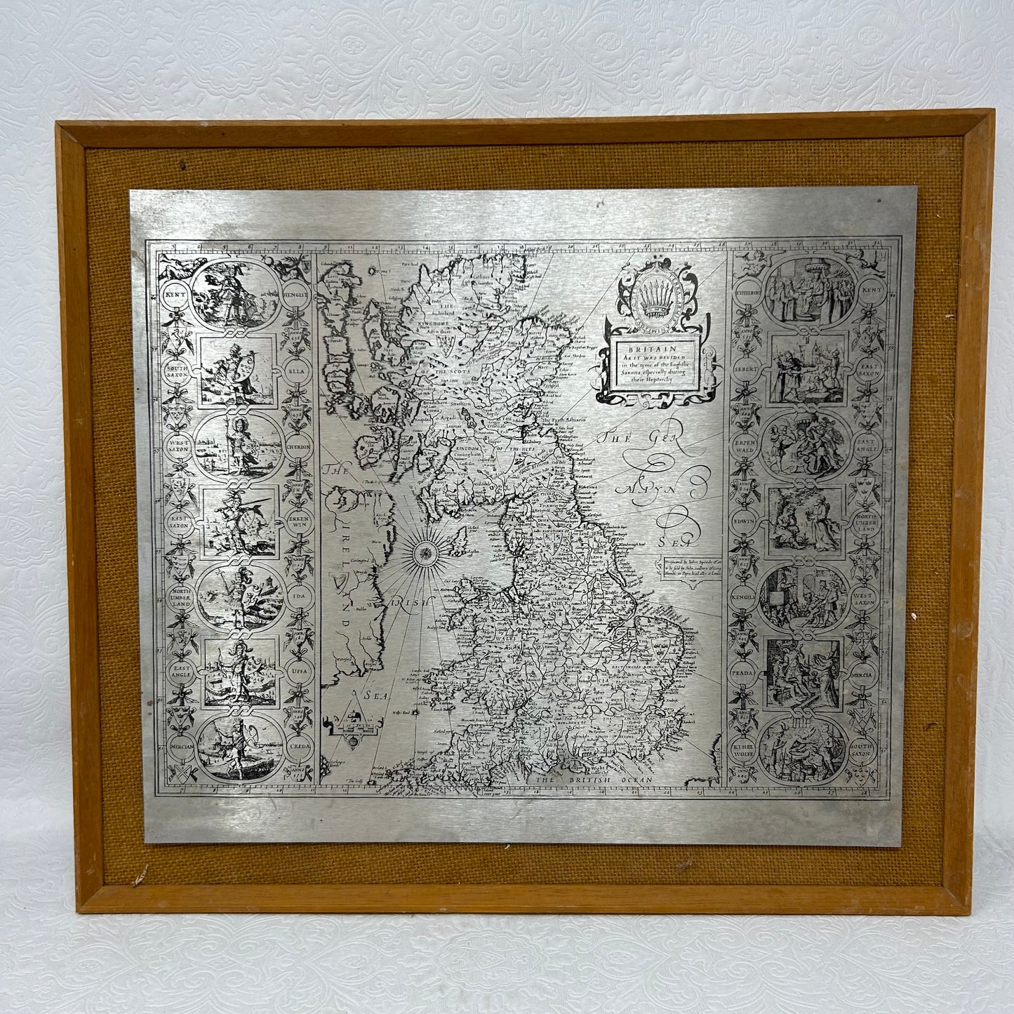 Set of 2 MCM Etched Steel Maps of Britain and Wales