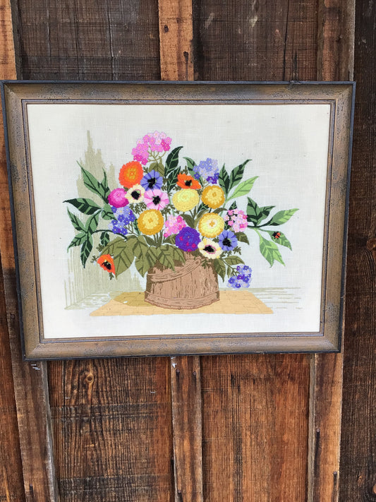 Framed Floral Embroidery Art Piece