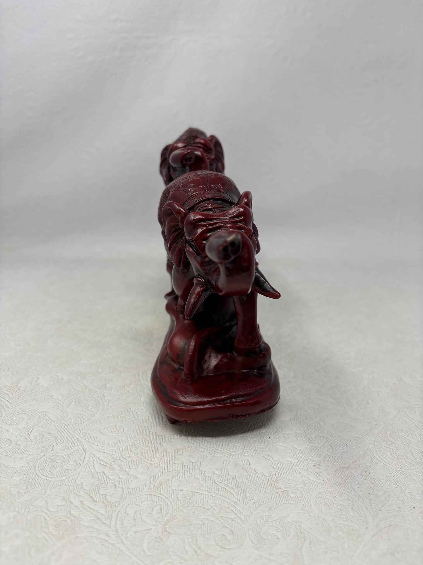 Vintage Red Glazed Resin Elephants on Bridge Sculpture