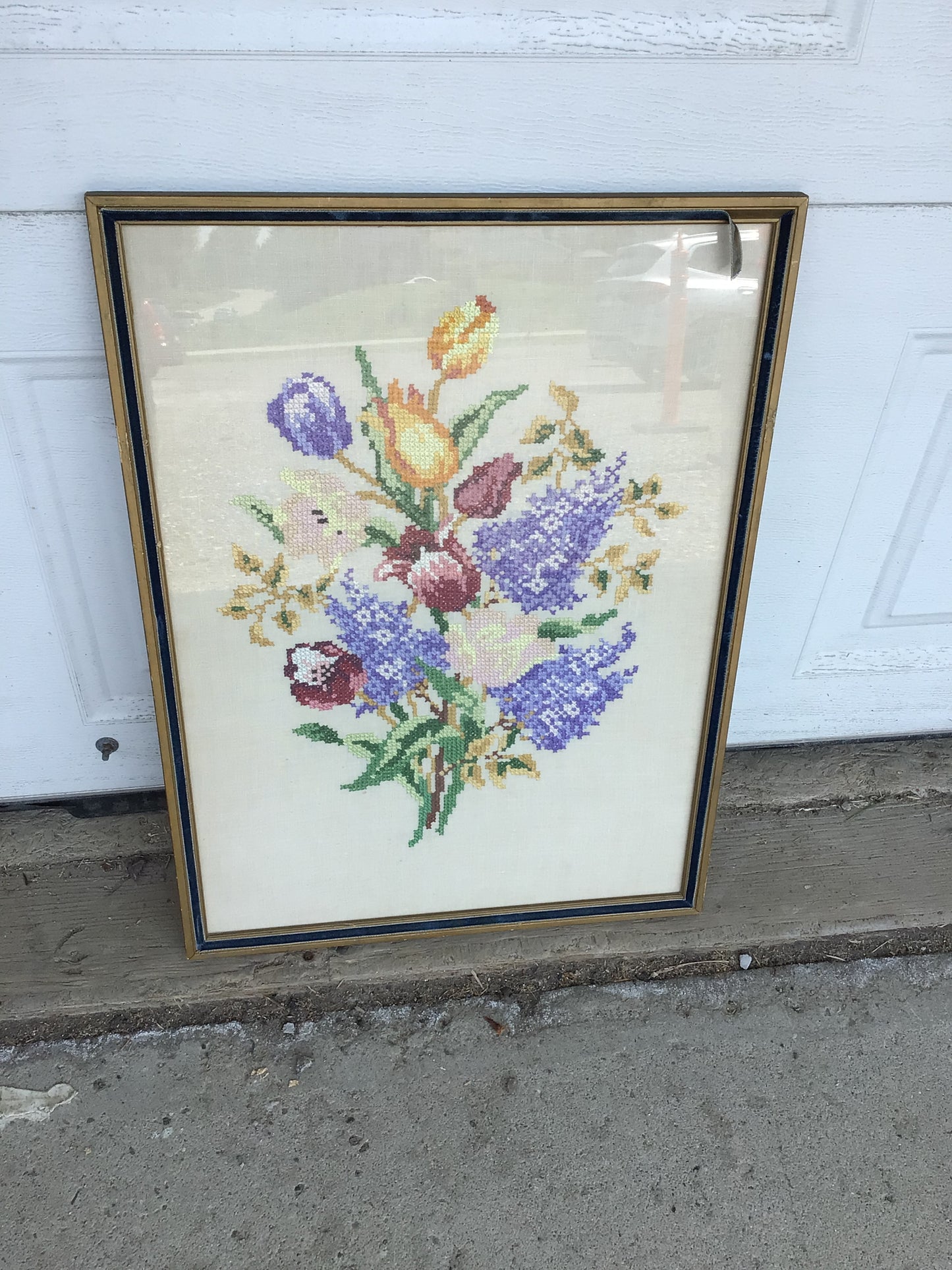 Framed Embroidered Cross Stitch Colourful Floral Bouquet