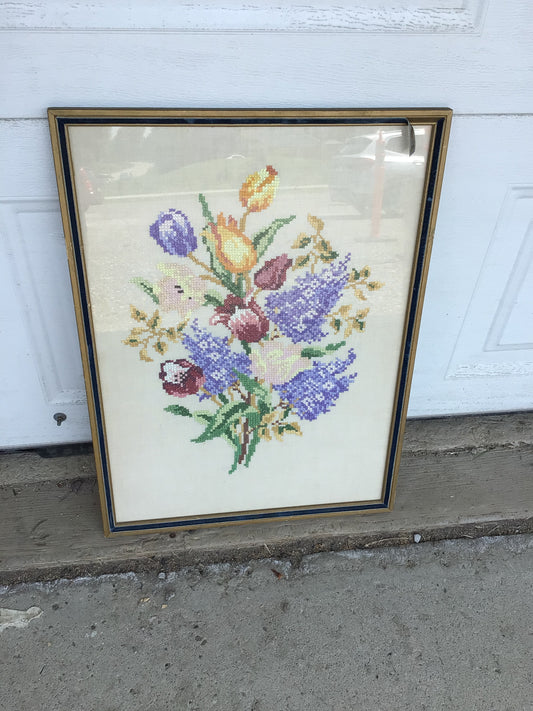 Framed Embroidered Cross Stitch Colourful Floral Bouquet